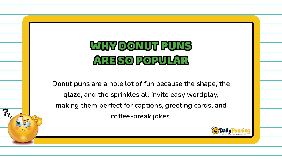 Why donut puns are so popular explained on a yellow-bordered card with playful paragraph text and the DailyPunning logo.