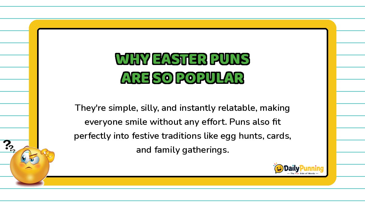 Why Easter puns are so popular explained on a yellow-bordered card with playful text, confused emoji, and DailyPunning logo.