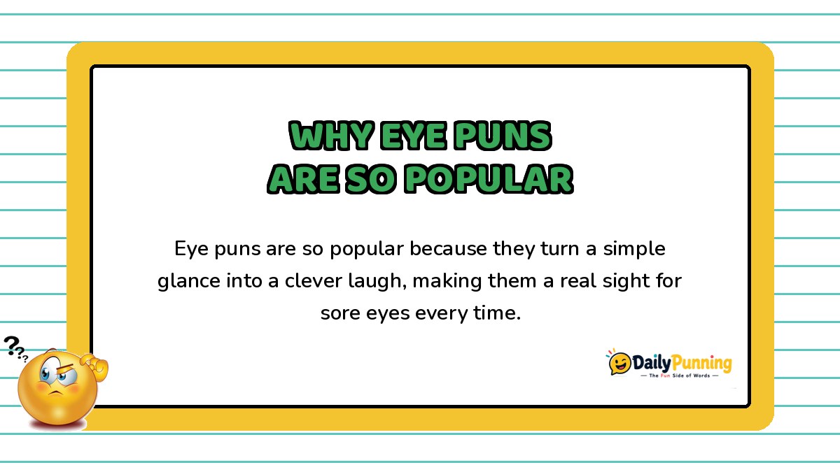 Card explaining why eye puns are so popular, with a confused emoji, yellow border design, and DailyPunning logo branding.