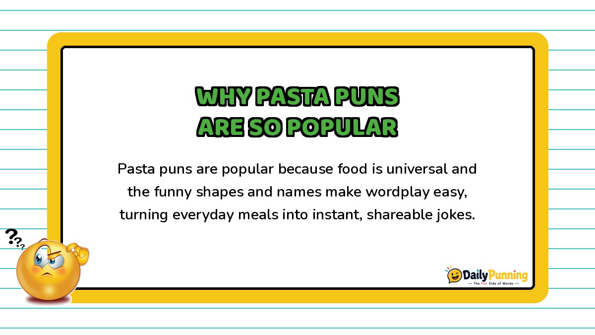 Why pasta puns are so popular explained on a yellow-bordered card with paragraph text, confused emoji, and DailyPunning logo design.