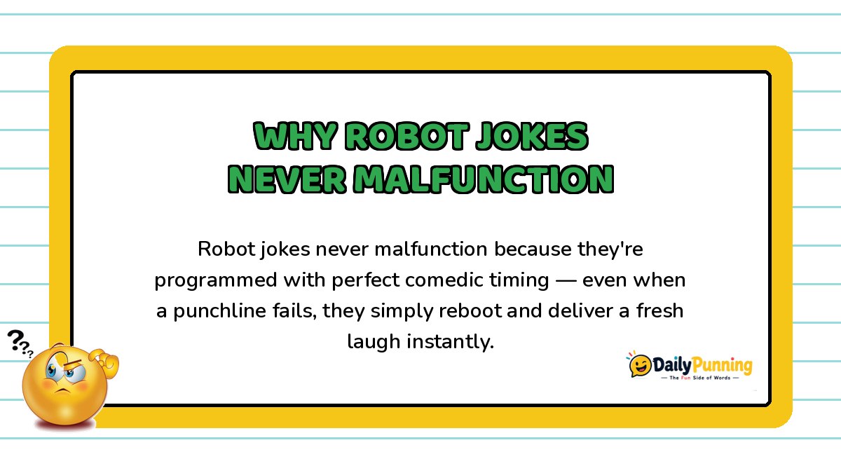 Yellow card explaining why robot jokes never malfunction with confused emoji, green heading text, and DailyPunning logo branding.