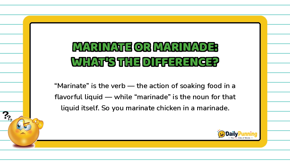 Marinate versus marinade difference explained on a yellow-bordered card with paragraph text, confused emoji, and DailyPunning logo design.