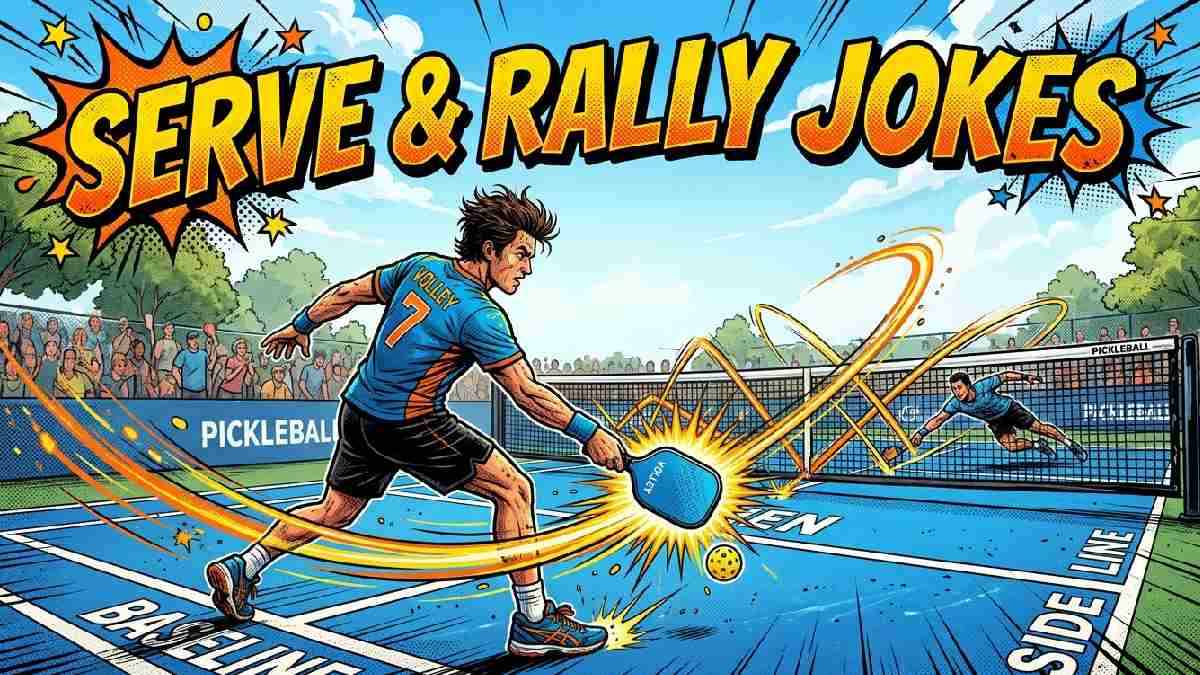 Pickleball frozen mid-serve leaving paddle with motion trail lines across net representing fast serve and rally themed jokes.