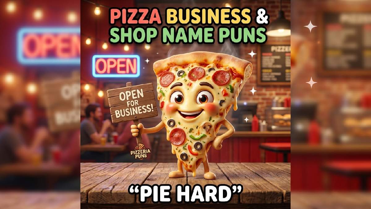 Smiling pizza slice holding wooden shop signboard, melted cheese, pepperoni toppings, golden crust, pizzeria storefront, neon OPEN sign, string lights, sparkles, title, and shop-name caption.