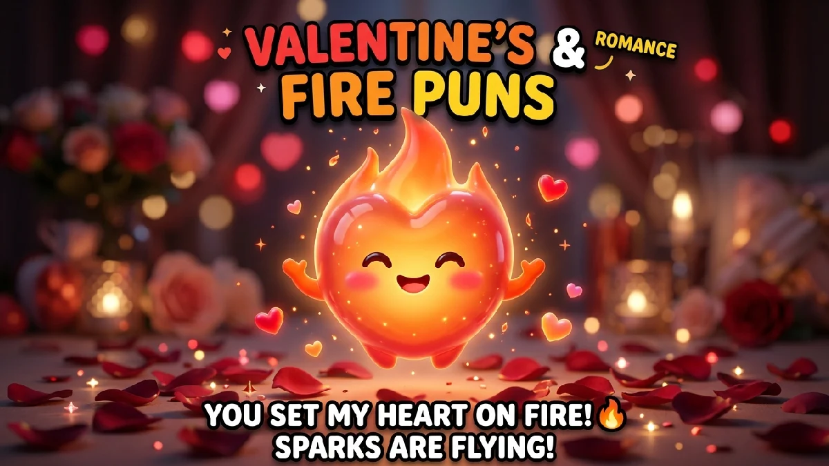 Blushing smiling heart-shaped flame character with glowing orange-red body, hearts, rose petals, romantic pink-red background, bokeh, sparkles, title, caption.