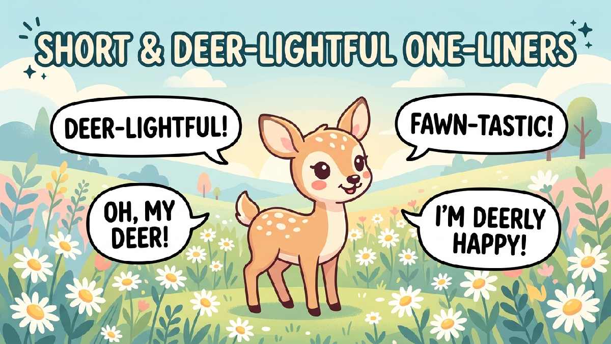 Small cartoon fawn among daisies with short punchy speech bubbles representing quick and deer-lightful one-liner jokes collection.