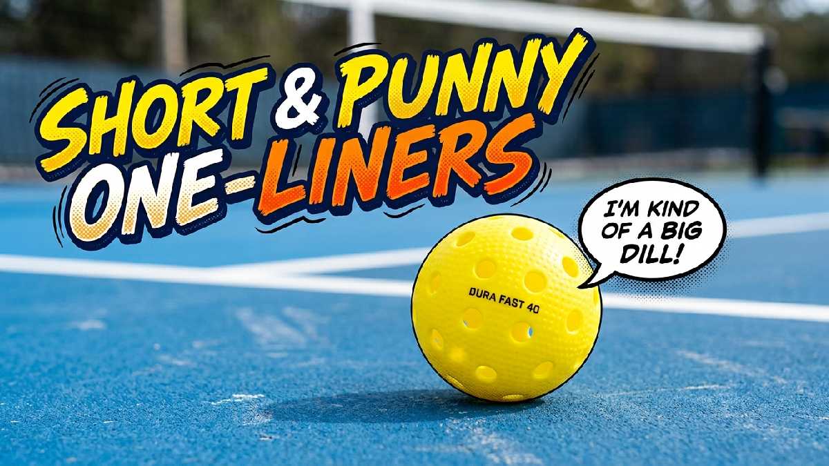 Single pickleball ball with tiny speech bubble popping out on blurred court representing short and punny one-liner jokes.