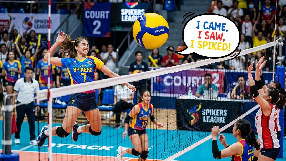 Volleyball mid-air above net with funny speech bubble showing short and punny volleyball pun one-liners for players and fans.