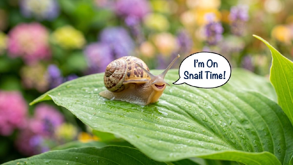 Cute tiny snail on green leaf with I'm On Snail Time speech bubble showing short and snaily one-liner puns.