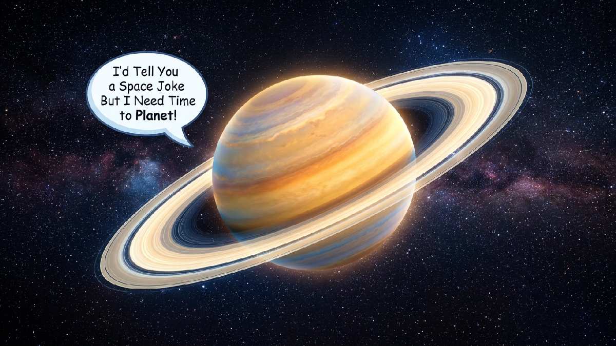 Glowing Saturn with rings in dark space with funny I Need Time to Planet speech bubble showing short stellar planet jokes.