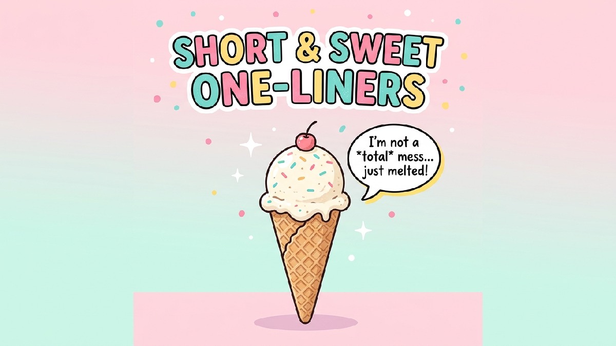 Single ice cream scoop with tiny speech bubble on pastel background representing short and sweet one-liner ice cream jokes.