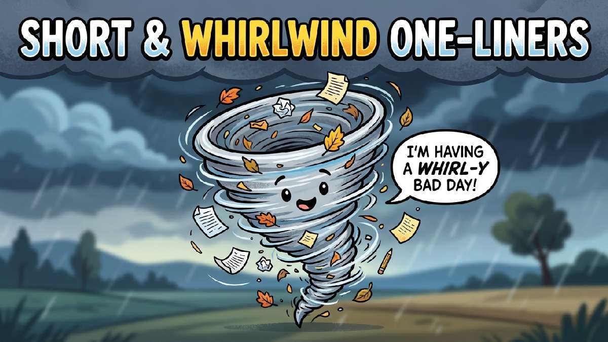 Small cartoon tornado spinning with leaves swirling and speech bubble popping out representing short whirlwind one-liner jokes.
