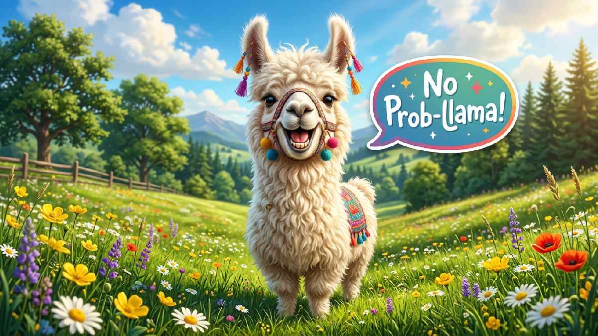 Cute fluffy llama with No Prob-llama speech bubble showing short and snappy llama pun one-liners collection for all ages.