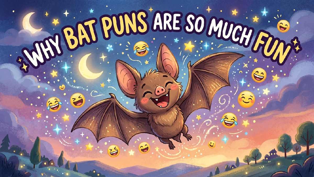 Laughing cartoon bat flying among stars and emojis explaining why bat puns bring so much fun and laughter.