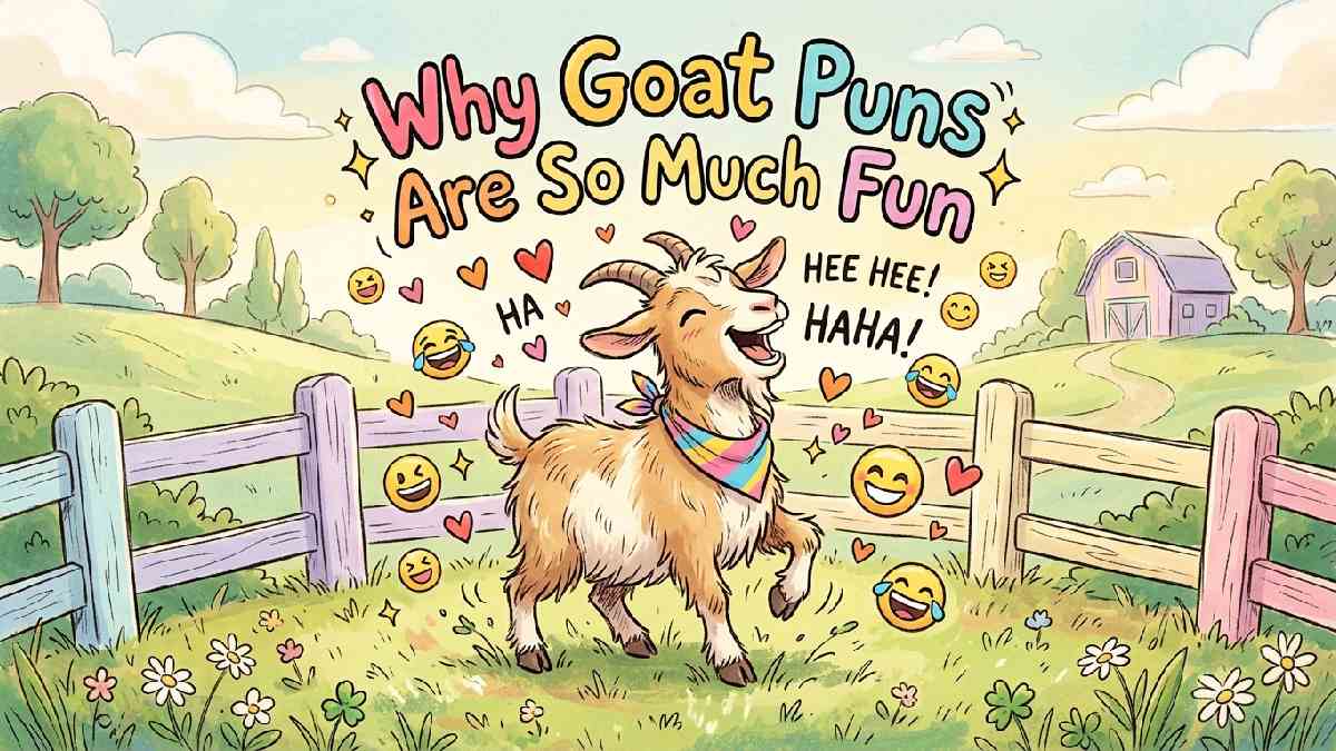 Laughing cartoon goat surrounded by hearts and laughing emojis explaining why goat puns bring joy and fun to everyone.