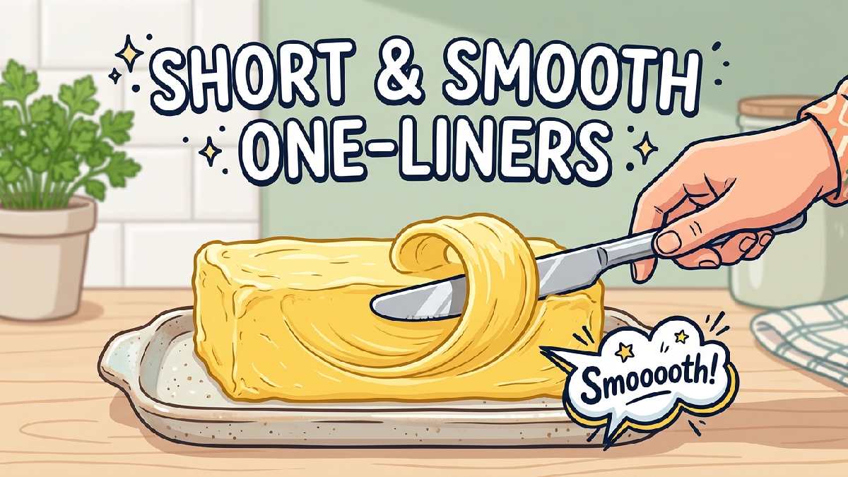 Butter knife gliding smoothly across golden butter slab with punchy speech bubble representing short and smooth one-liner jokes.