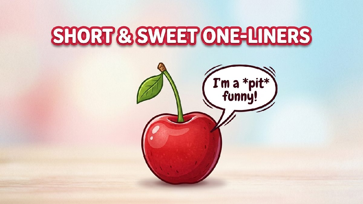 Single plump cherry with tiny speech bubble popping out on pastel background representing short and sweet cherry one-liners.