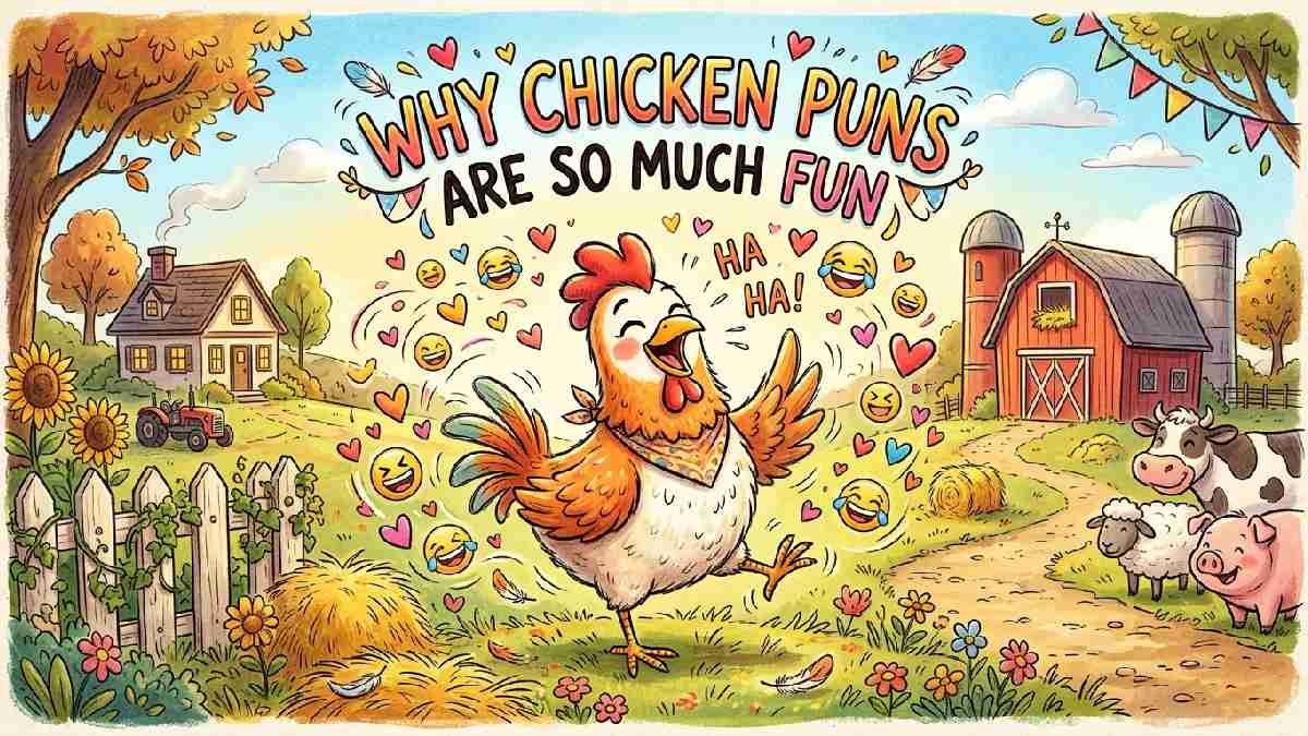 Laughing cartoon chicken surrounded by hearts and laughing emojis explaining why chicken puns bring joy and fun to everyone.