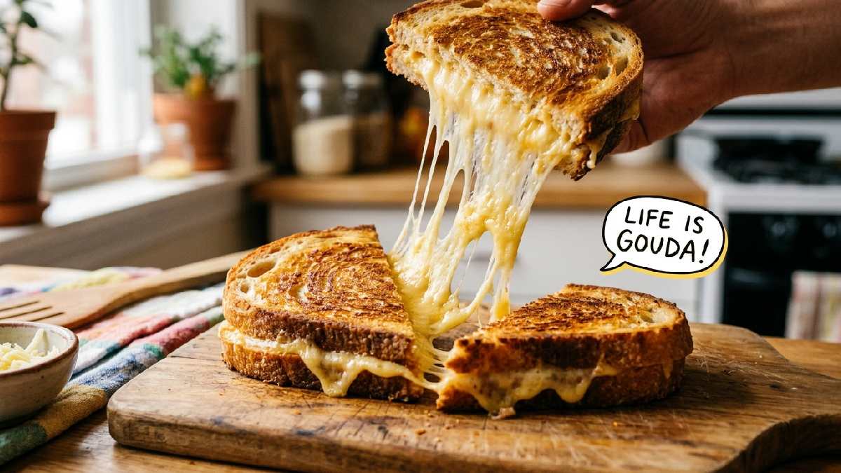 Grilled cheese sandwich with melted cheese and Life is Gouda speech bubble showing short and cheesy sandwich pun one-liners.