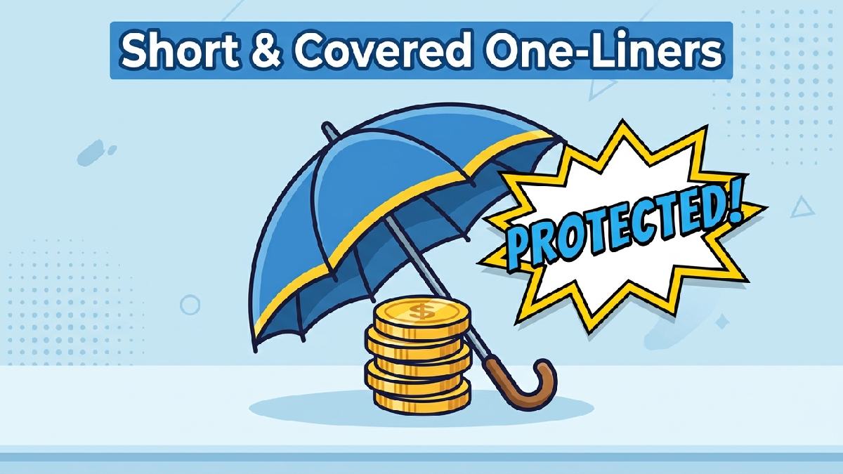 Small umbrella opening over coin stack with punchy speech bubble representing short and covered insurance one-liner jokes.