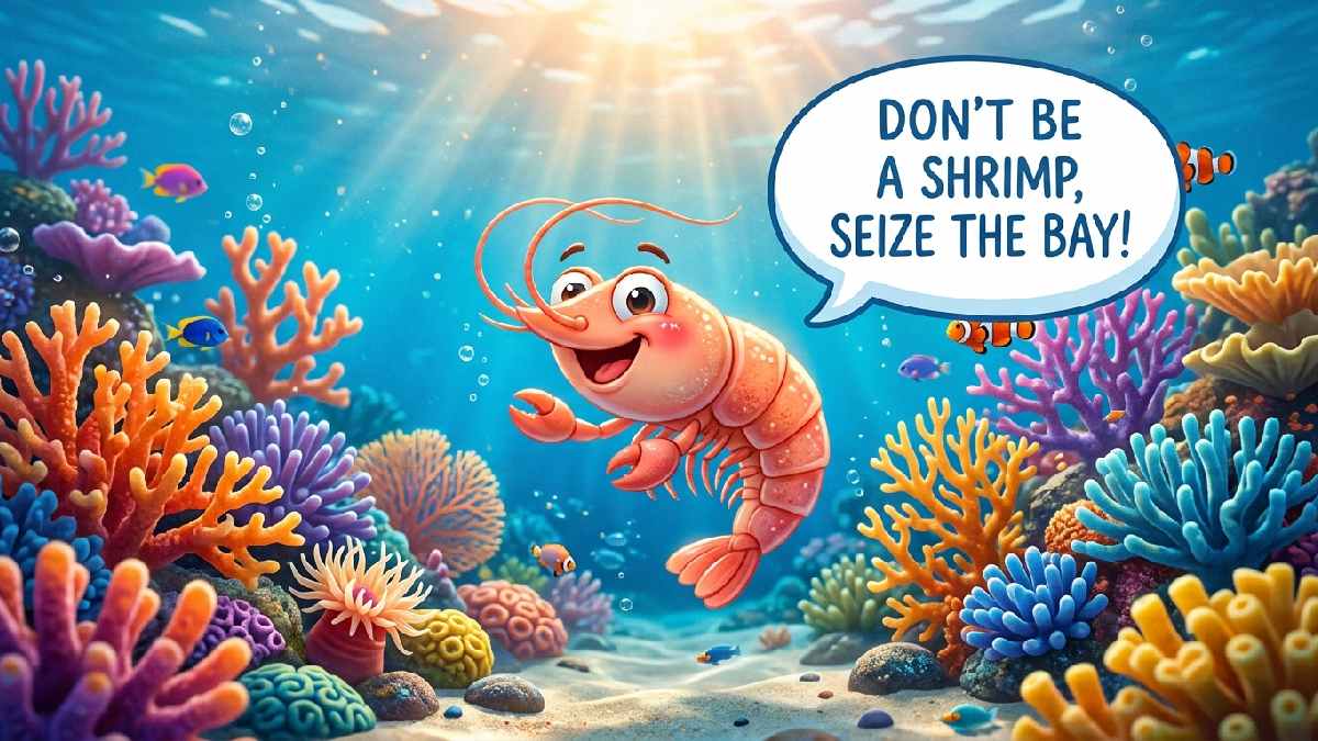 Cute grinning shrimp with speech bubble showing short clever one-liner representing shrimply good shrimp pun one-liners collection.