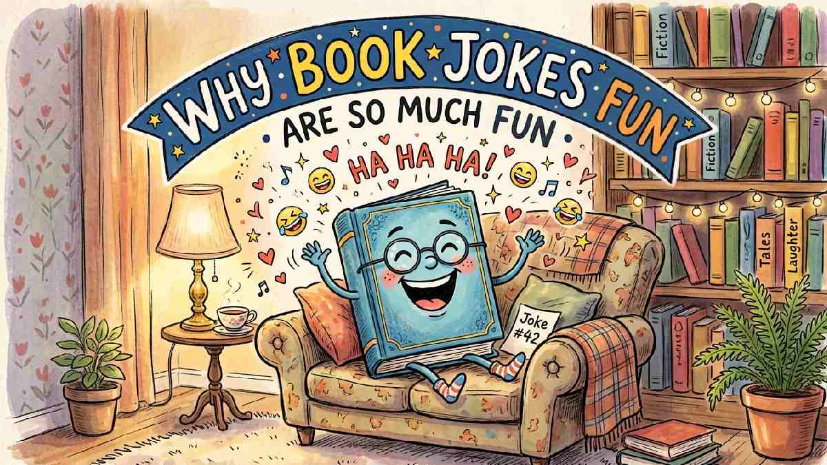 Laughing cartoon book character surrounded by hearts and laughing emojis explaining why book jokes bring joy and fun.