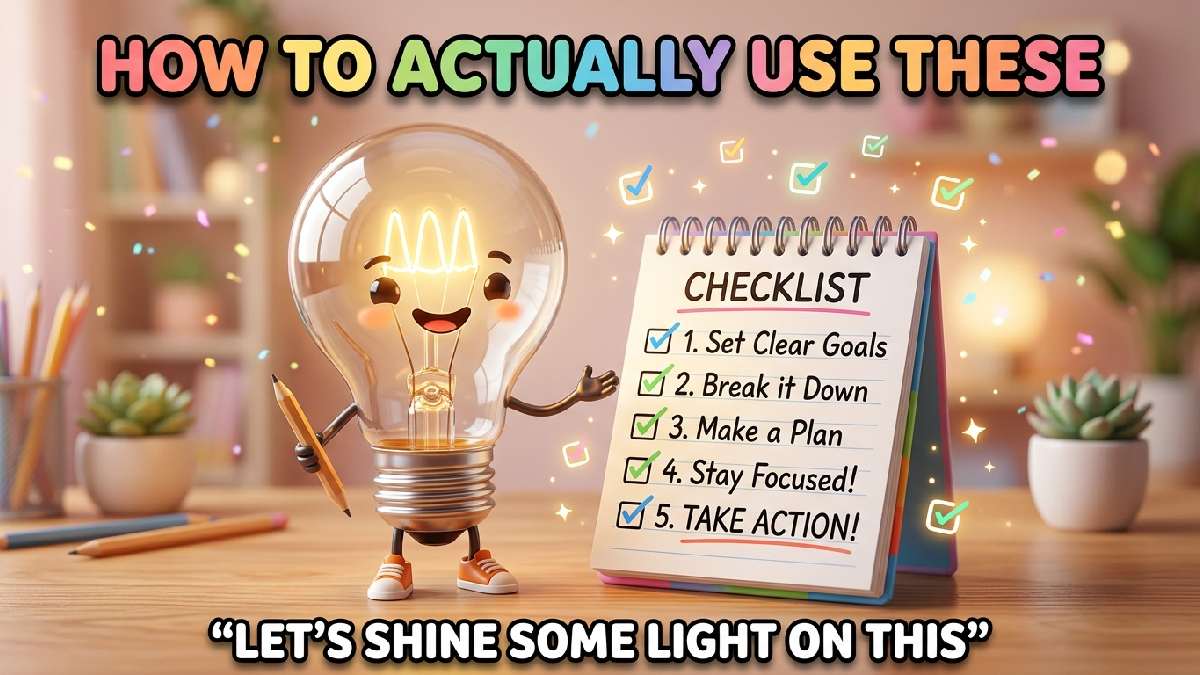 Smiling glowing lightbulb character beside checklist, warm pastel background, floating sparkles, colorful title, witty caption, and bright idea theme.