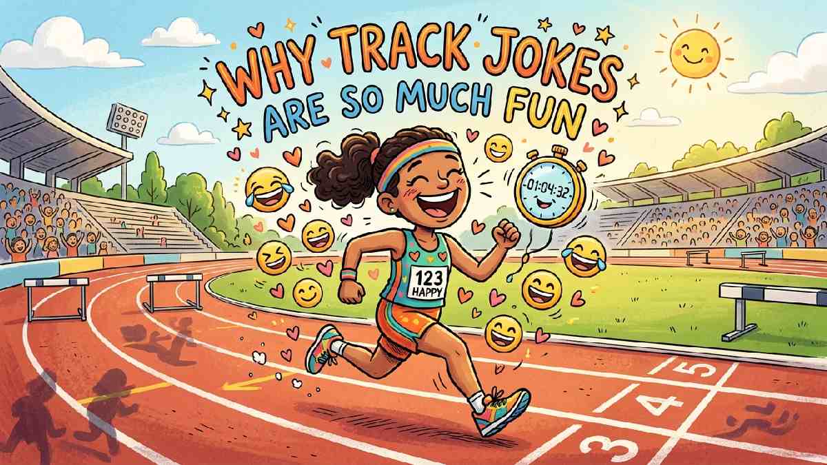 Laughing cartoon runner surrounded by hearts and stopwatch emojis explaining why track jokes bring joy and fun to runners.