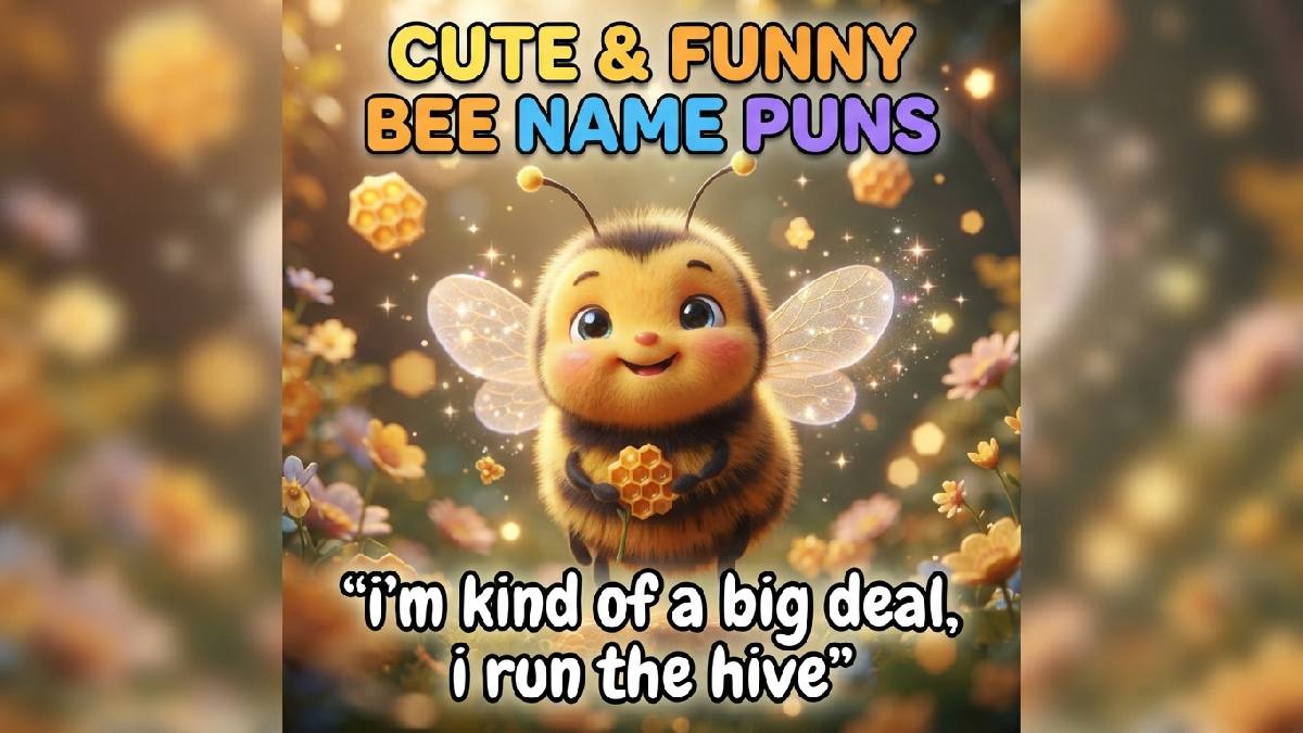 Cute smiling bumblebee with fuzzy yellow-black stripes and translucent wings, surrounded by flowers, honeycomb shapes, sparkles, and golden garden tones.