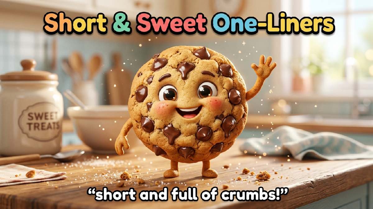 Smiling golden-brown chocolate chip cookie with raised hand, melting chocolate chips, cozy kitchen, crumbs, sparkles, colorful title, and witty caption.