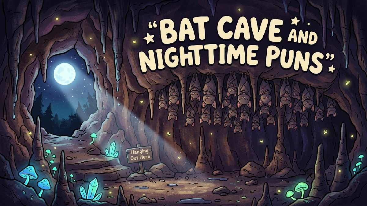 Cluster of cartoon bats hanging in moonlit cave with stalactites representing bat cave and nighttime themed pun jokes.