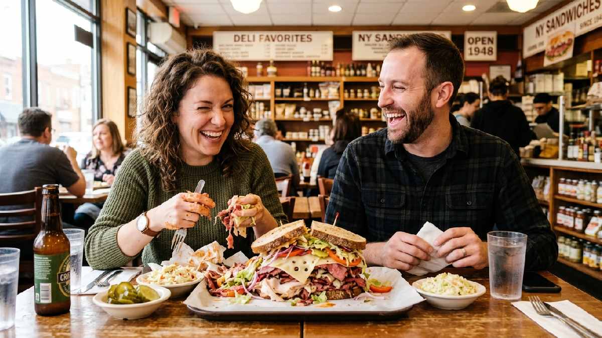 Two adults laughing at deli table with loaded sandwich and winking expression showing cheeky and funny sandwich jokes for adults.