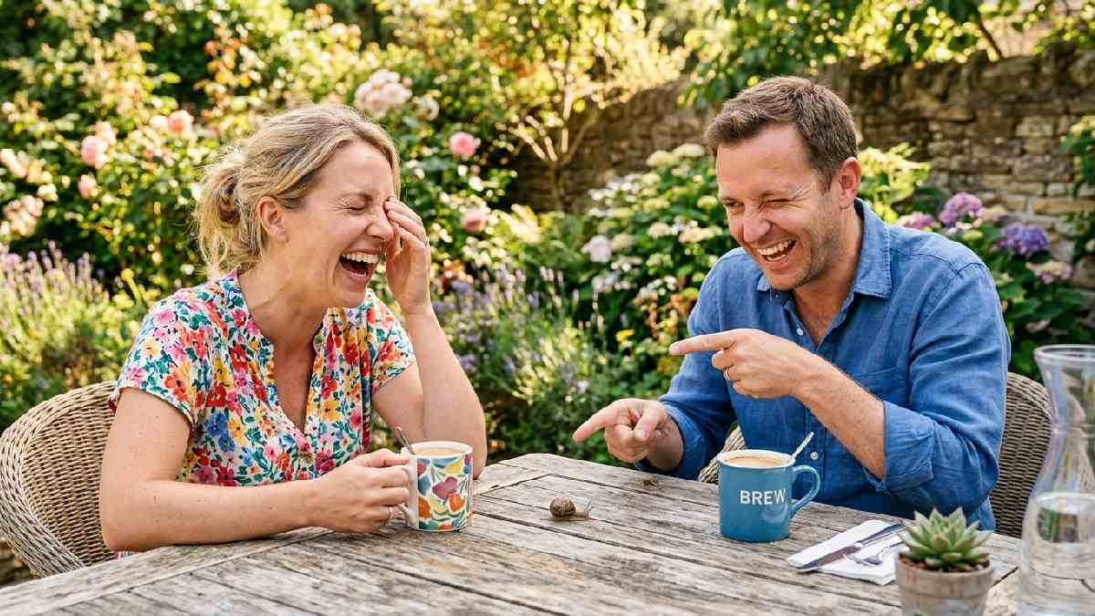 Two adults laughing at garden table with snail crossing between coffee cups showing cheeky and funny snail jokes for adults.