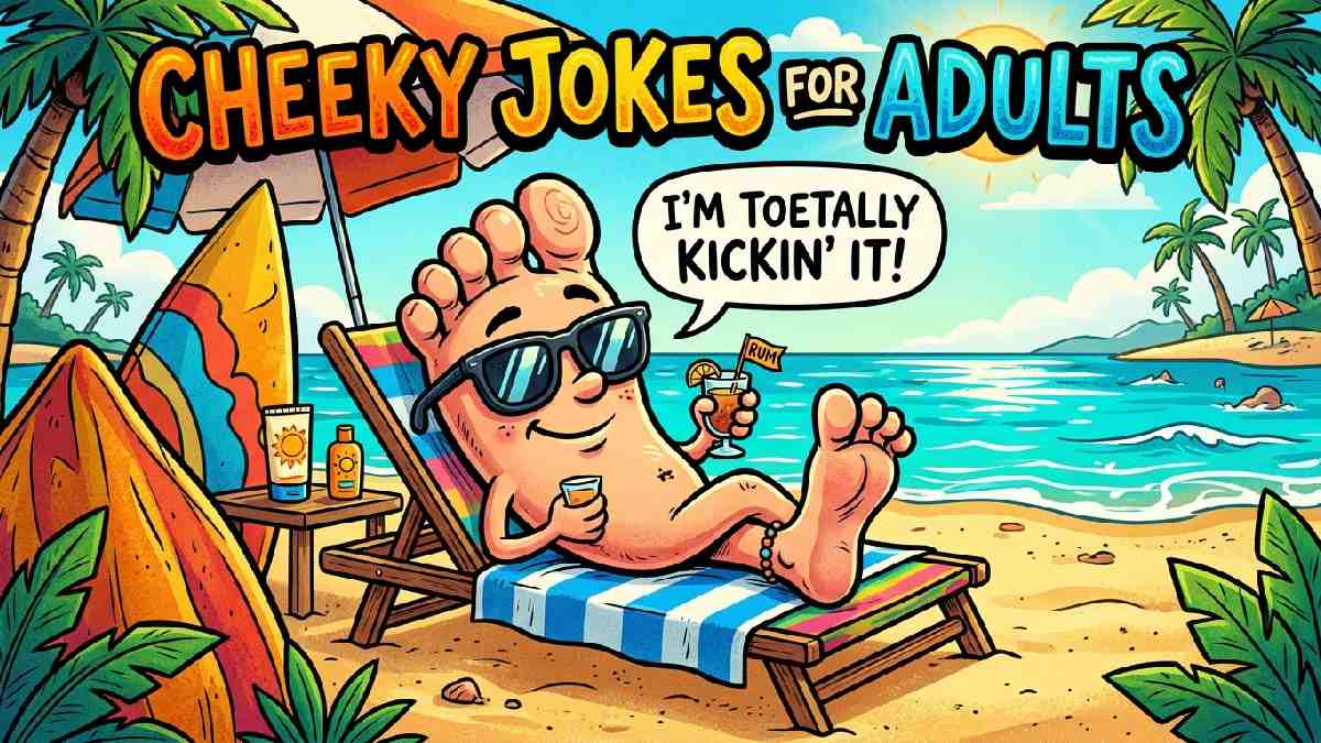 Winking cartoon foot lounging on beach chair with cheeky speech bubble presenting playful toe pun jokes for adults.