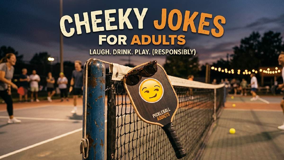 Pickleball paddle with sunglasses and winking sticker leaning on net post representing cheeky pickleball jokes made for adults.