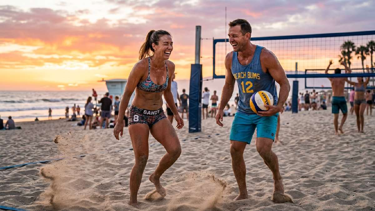 Two adult volleyball players laughing and winking on beach court showing cheeky and funny volleyball jokes for adults collection.