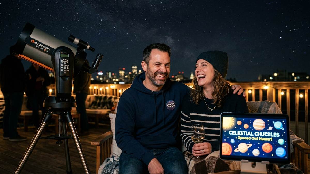 Two adults laughing at stargazing party with telescope and glowing planets showing cheeky and funny planet jokes for adults.