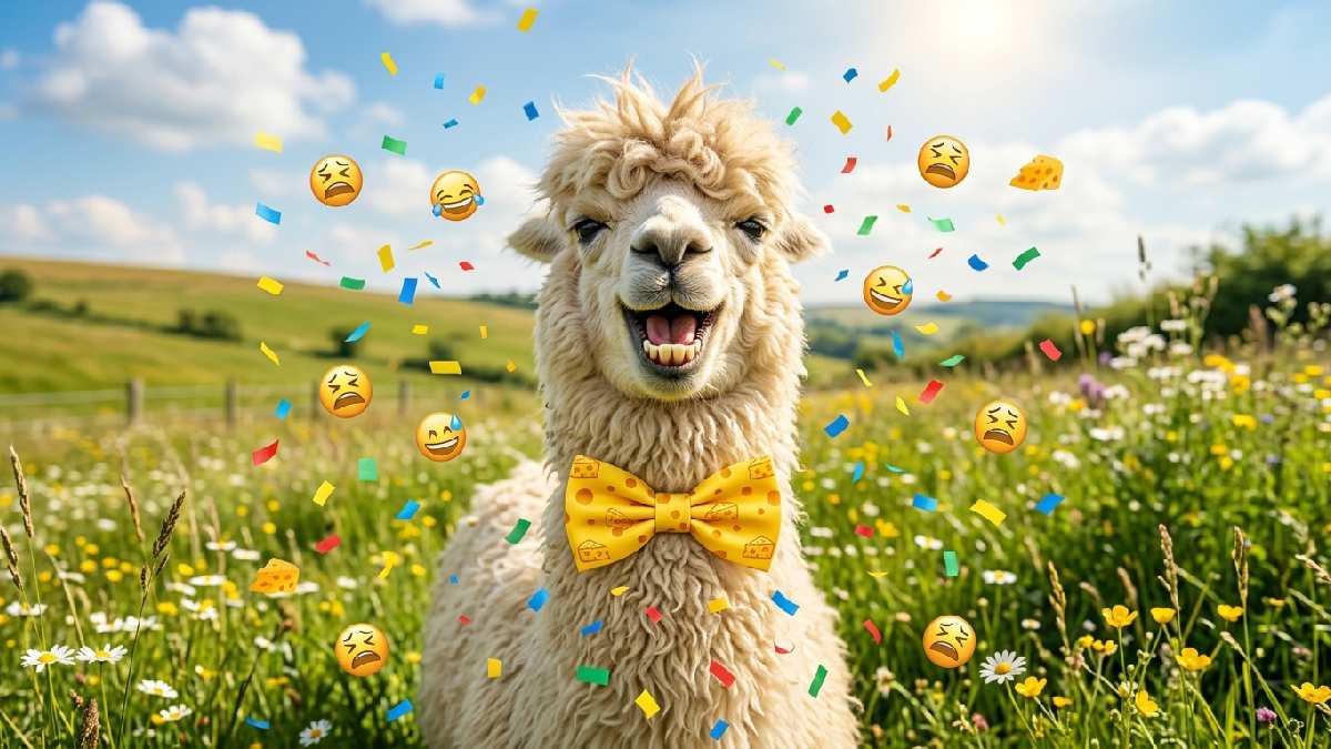 Fluffy llama with cheesy grin and bow tie surrounded by confetti showing collection of cheesy and corny llama puns.