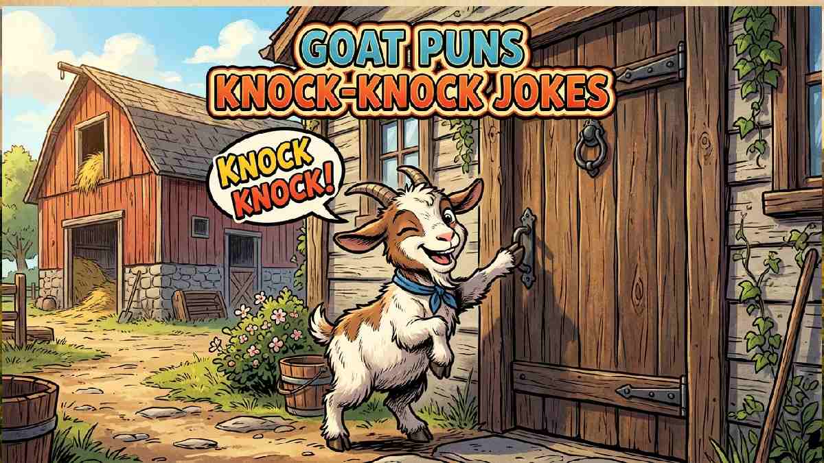 Mischievous cartoon goat knocking on farmhouse door with speech bubble presenting a fun collection of goat knock-knock jokes.