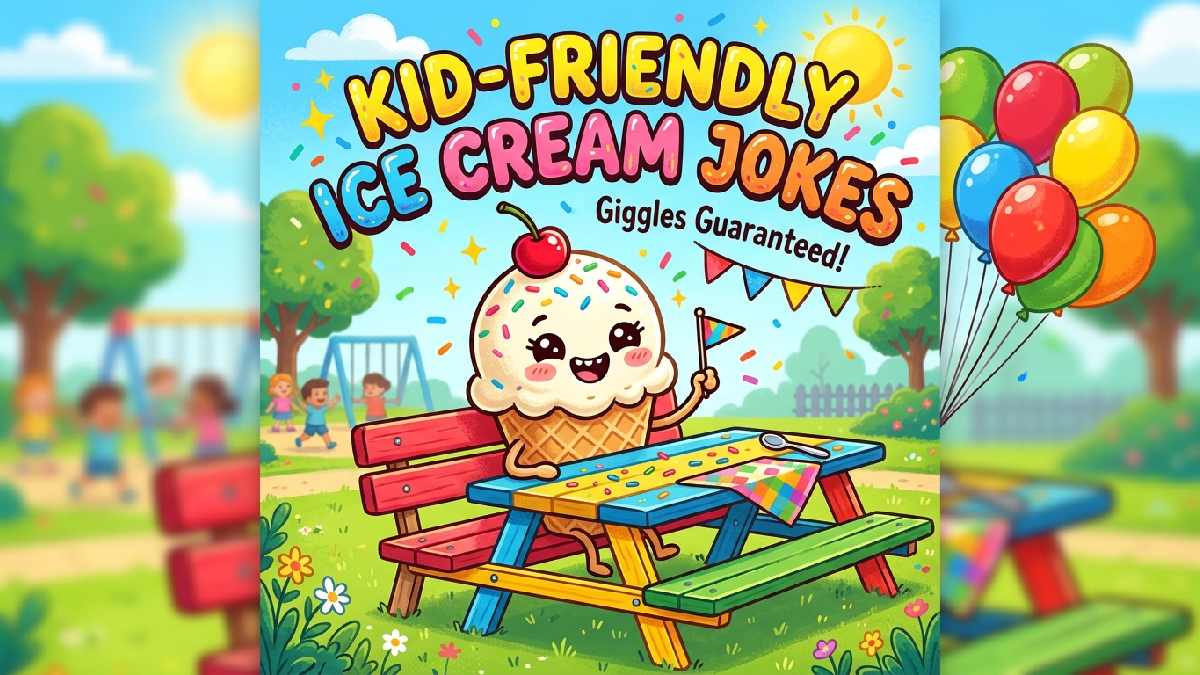 Cheerful cartoon ice cream cone with big eyes at picnic table with balloons representing kid friendly ice cream jokes.
