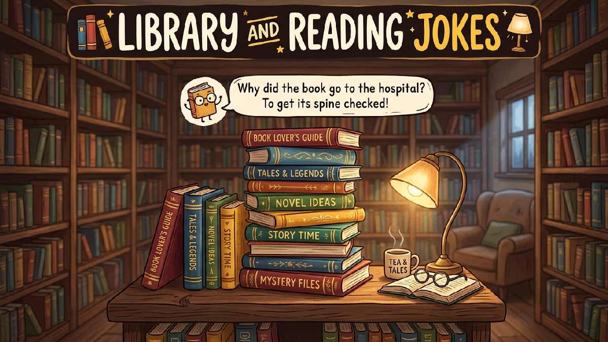 Stack of colorful books on wooden library shelf with warm lamp representing library and reading themed book jokes.