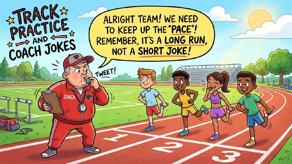 Whistle blowing coach with clipboard beside stretching runners on track field representing funny track practice and coach jokes.