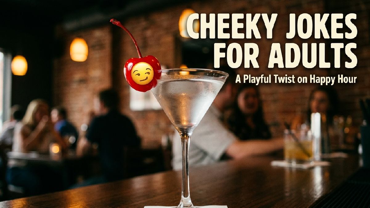 Cherry cocktail garnish on martini glass rim with winking sticker representing cheeky cherry jokes made for adults.