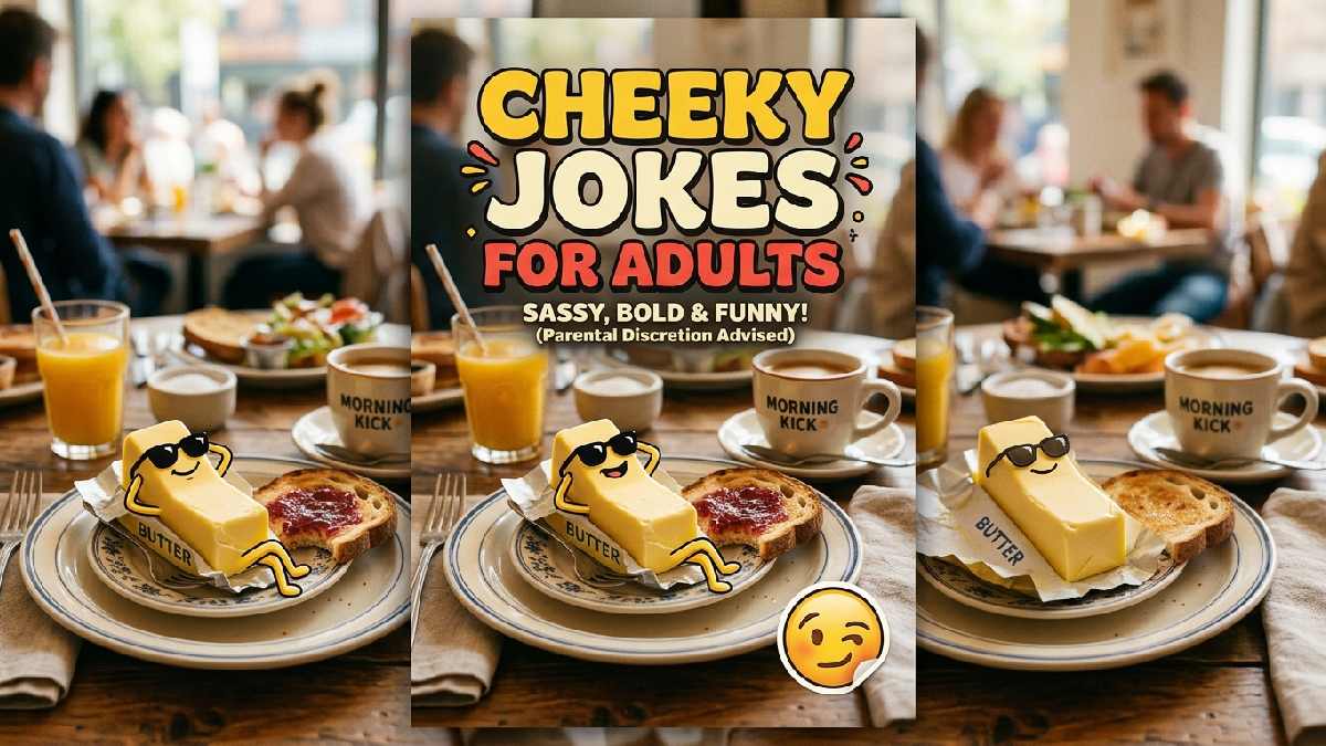 Butter stick wearing sunglasses beside coffee mug on plate representing cheeky butter jokes made for adult audiences.