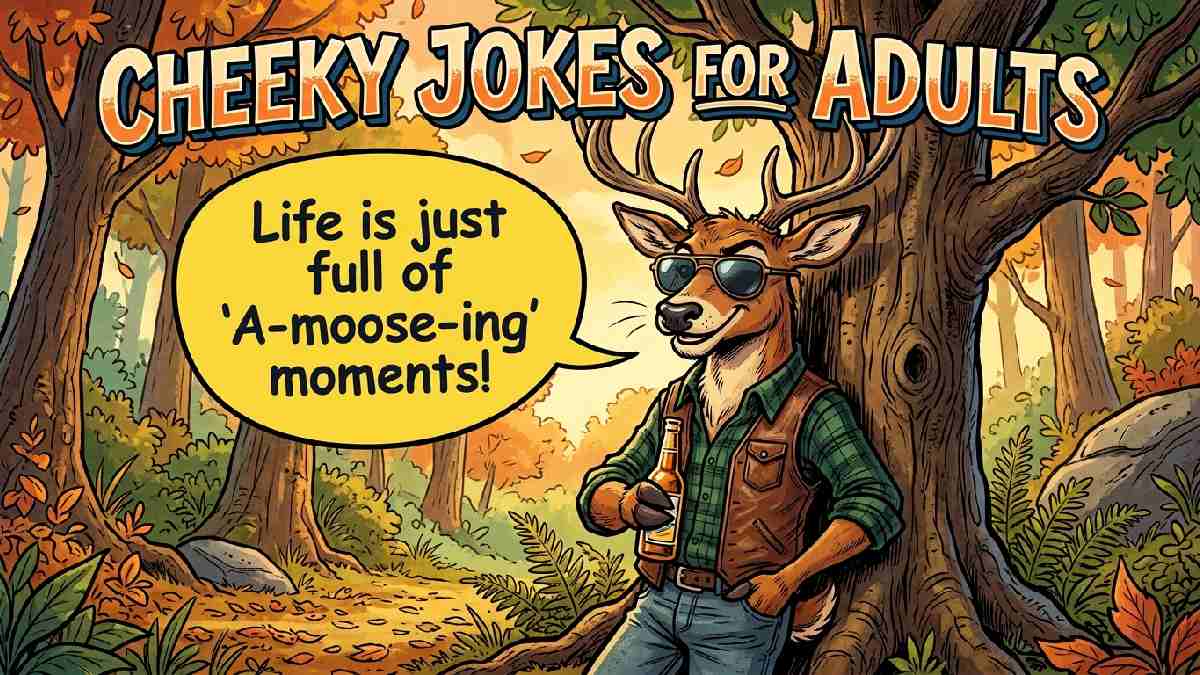 Winking cartoon deer wearing sunglasses leaning on tree with cheeky speech bubble presenting playful deer pun jokes for adults.