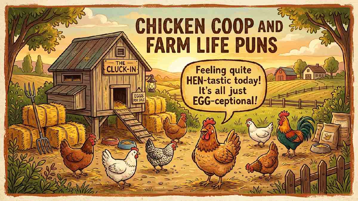 Group of cartoon chickens near wooden coop and hay bales representing chicken coop and farm life pun jokes.