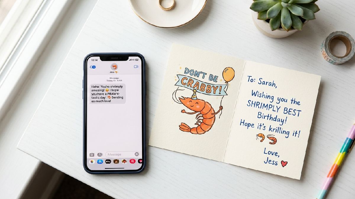 Smartphone with shrimp pun text message beside colorful greeting card showing funny shrimp puns perfect for texts and cards.