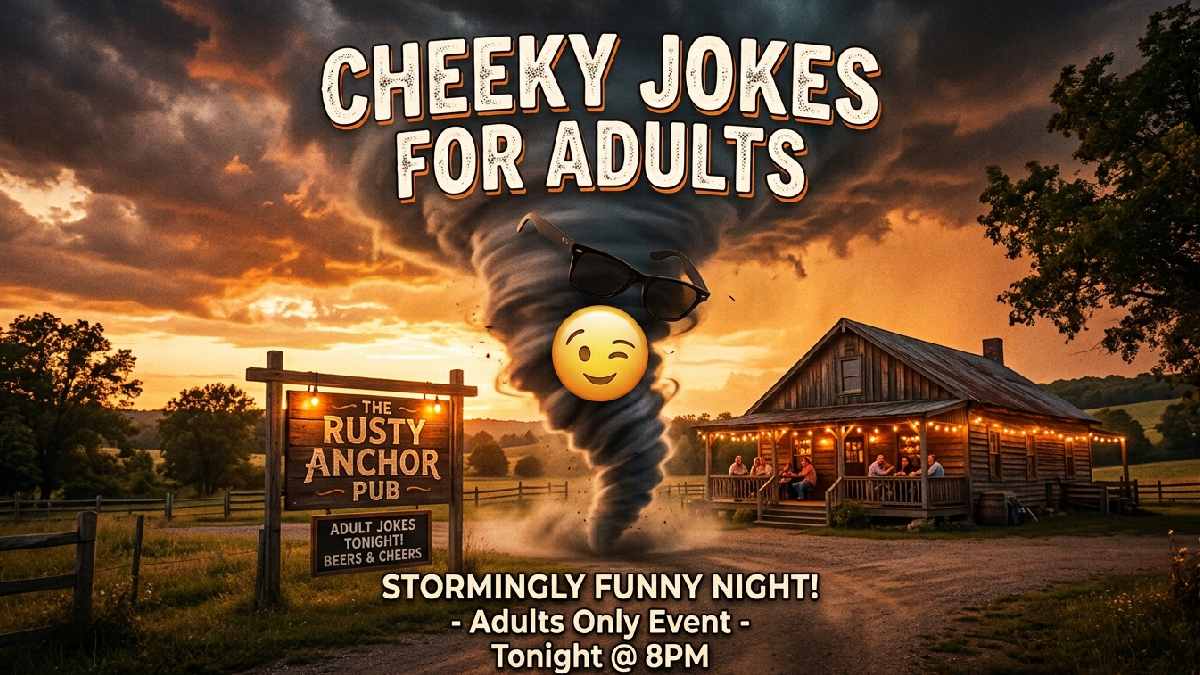 Tornado funnel wearing sunglasses near countryside bar sign with winking sticker representing cheeky tornado jokes made for adults.
