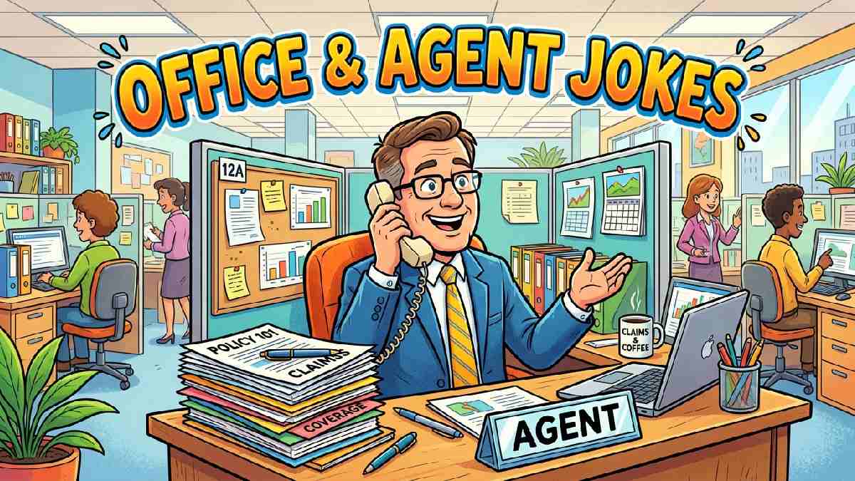 Cartoon insurance agent at desk with phone and policy papers representing funny office and agent themed insurance jokes.