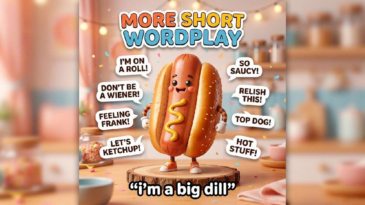 Smiling hotdog character with mustard topping, floating pun bubbles, warm pastel background, sparkles, colorful title, and funny short wordplay caption.